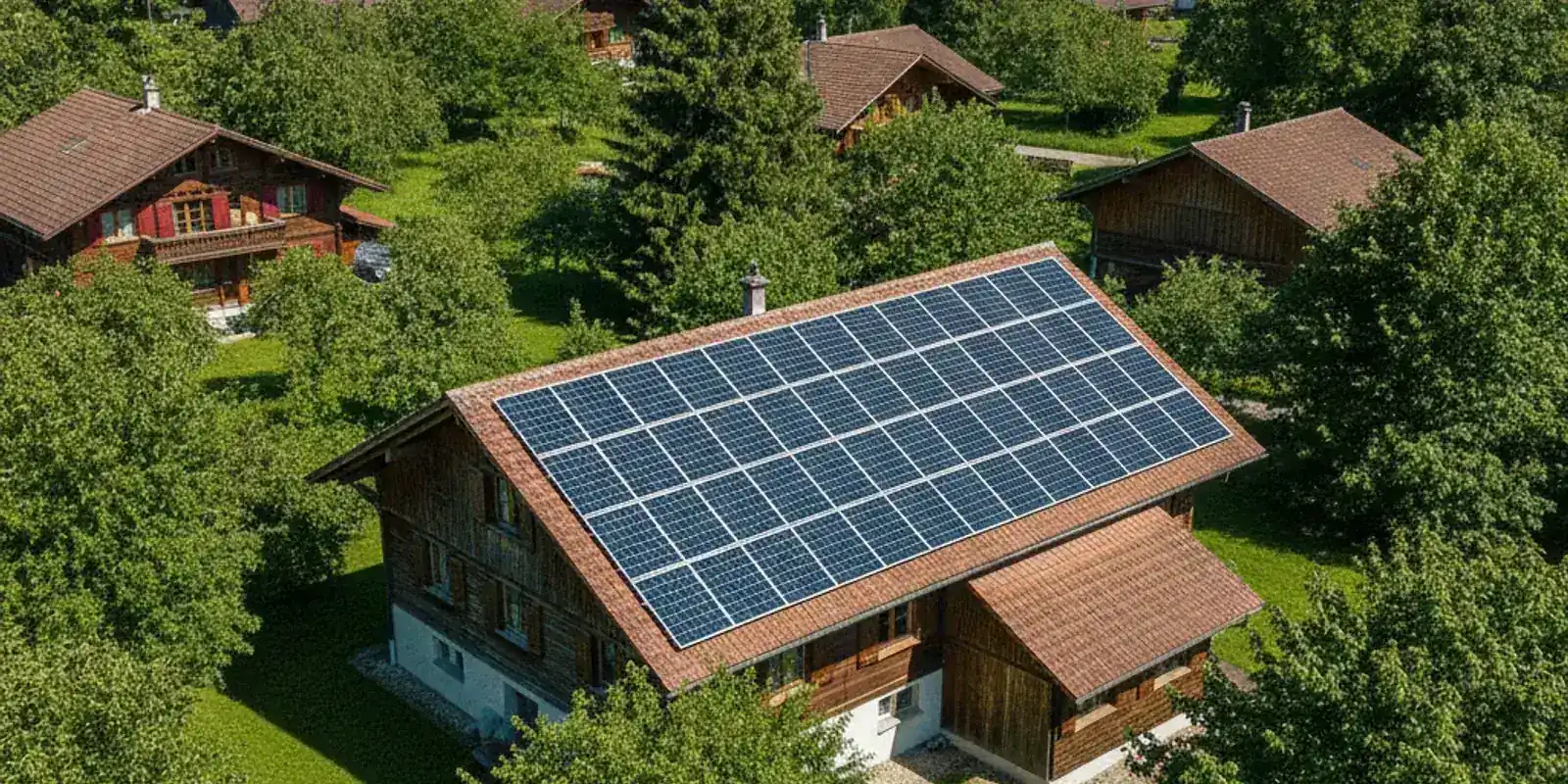 Luftaufnahme einer Solaranlage auf einem Schweizer Wohnhaus